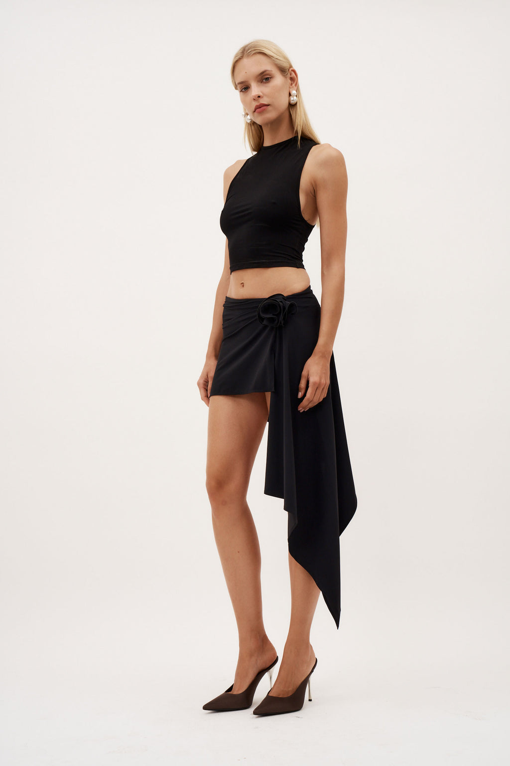 Asymmetrical Draped Black Swim Skirt