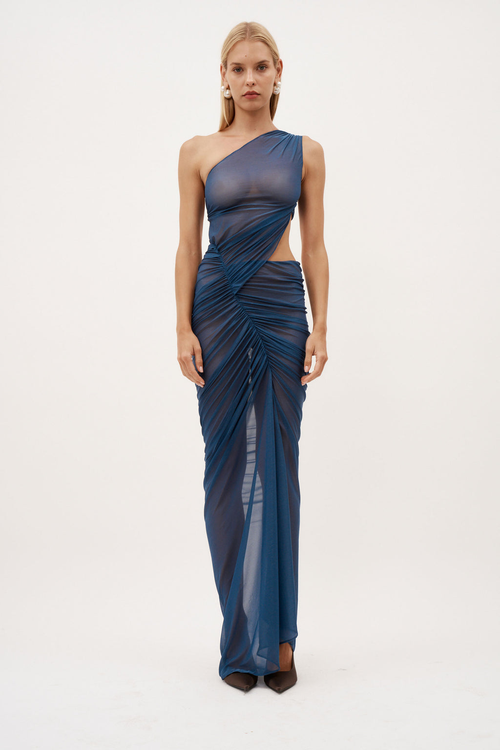 One Shoulder Ruched Cut Out Orage Gown