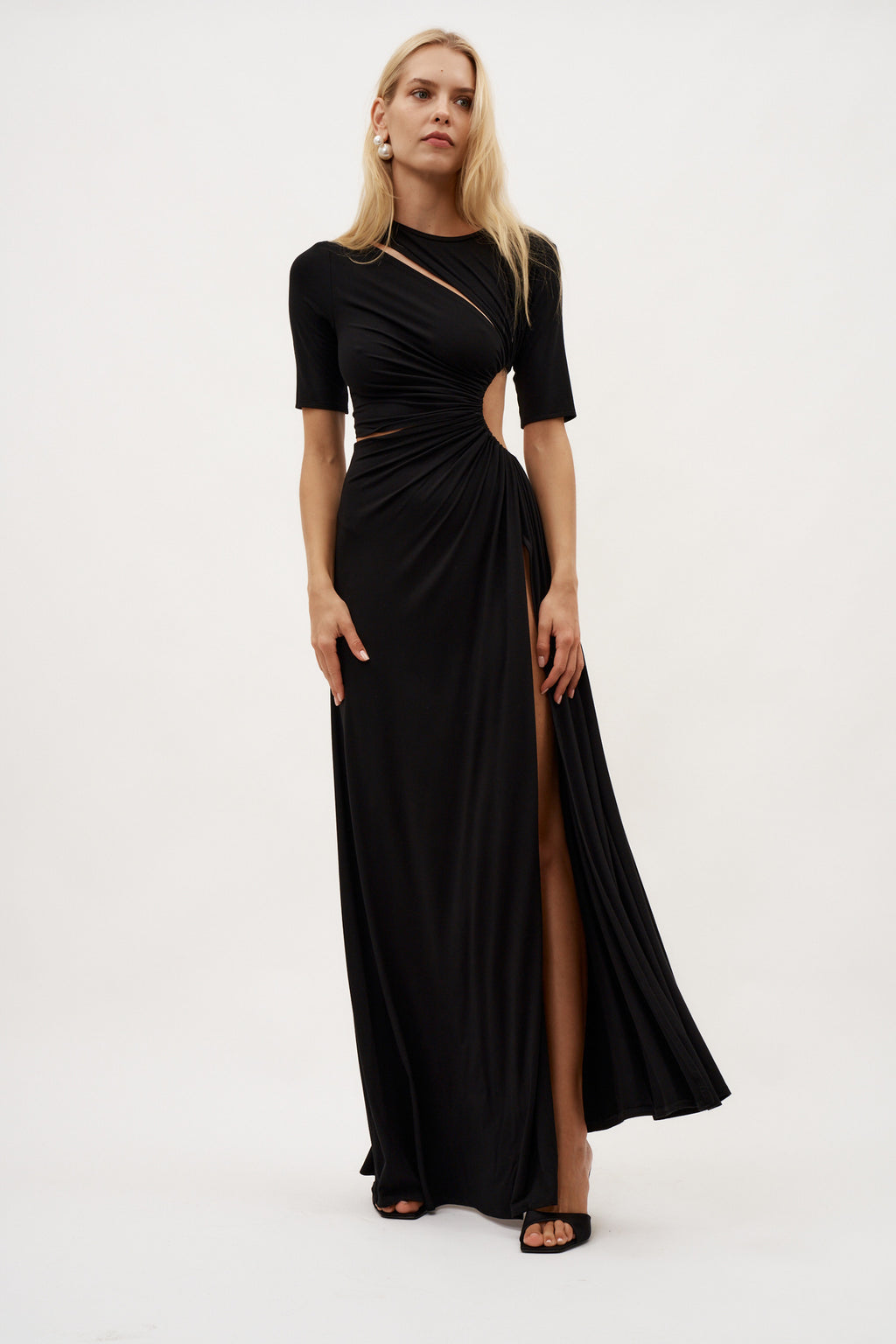 Gathered Slit Black Maxi Dress