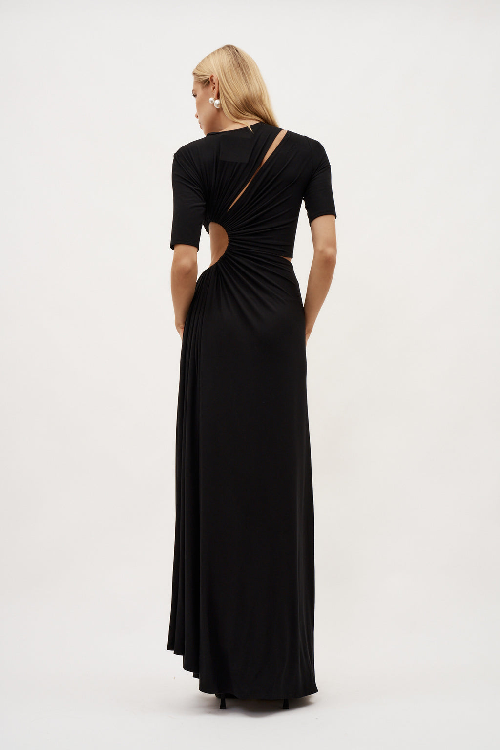 Gathered Slit Black Maxi Dress