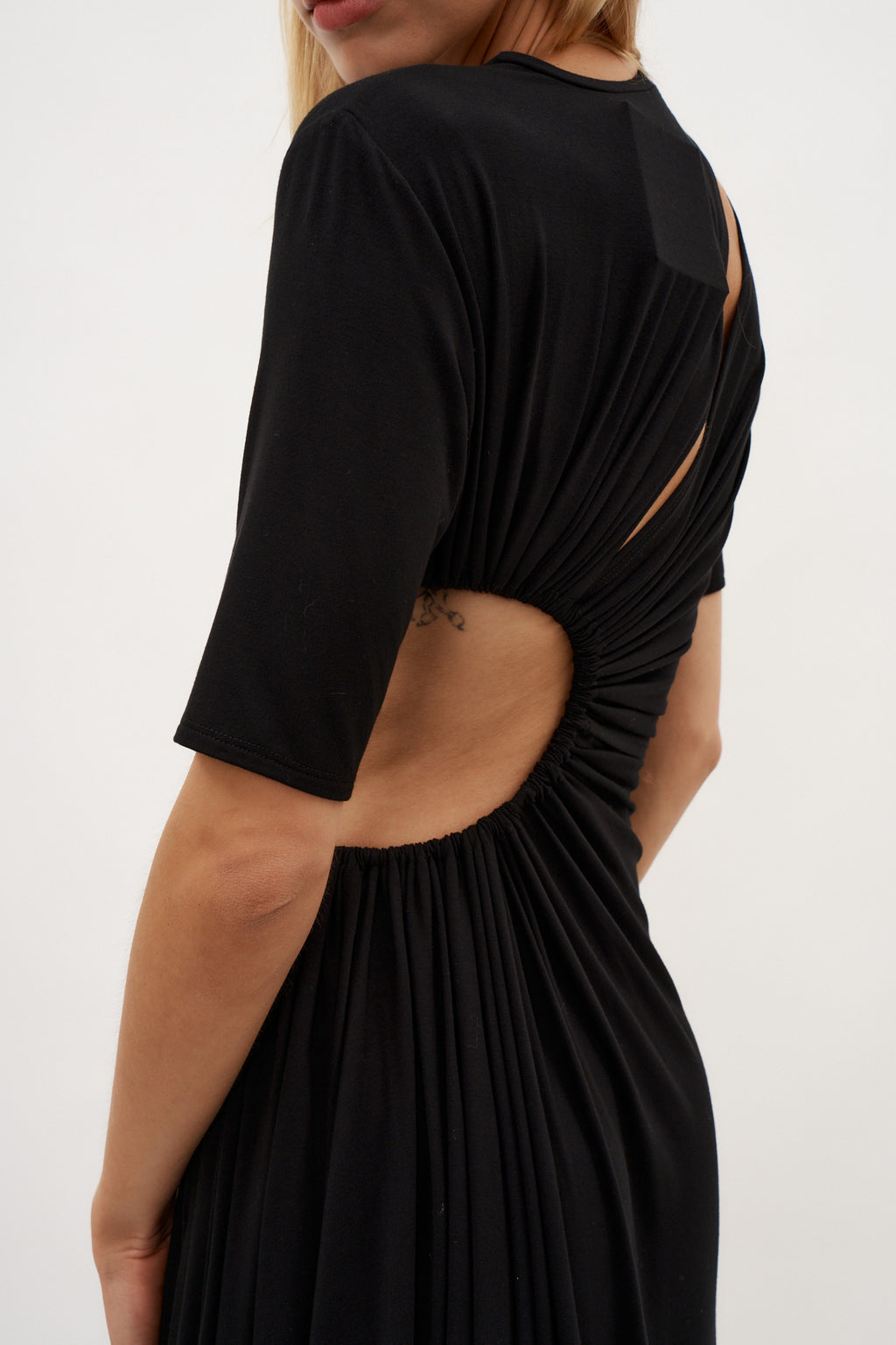 Gathered Slit Black Maxi Dress