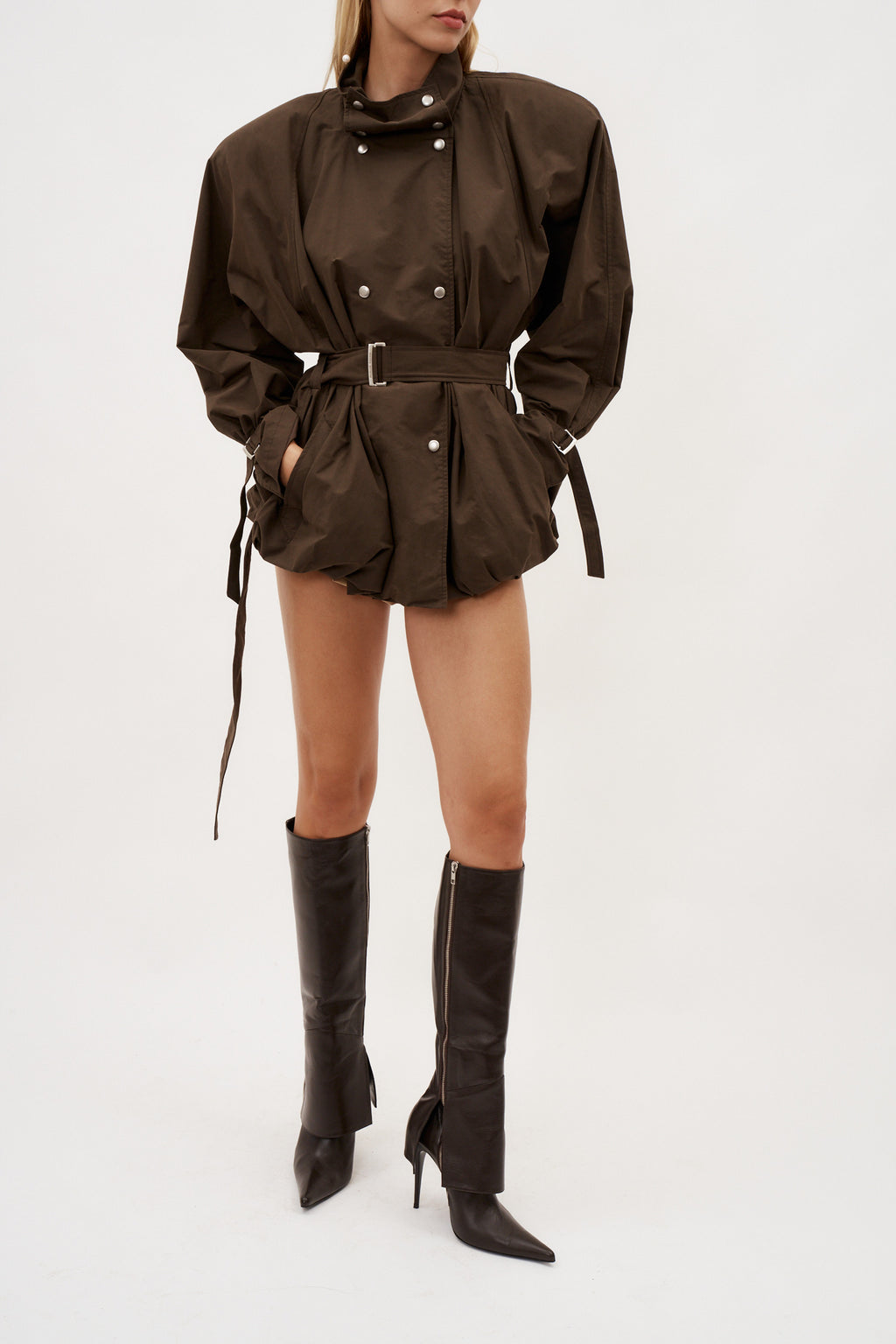 Cotton High Collar Brown Trench Jacket