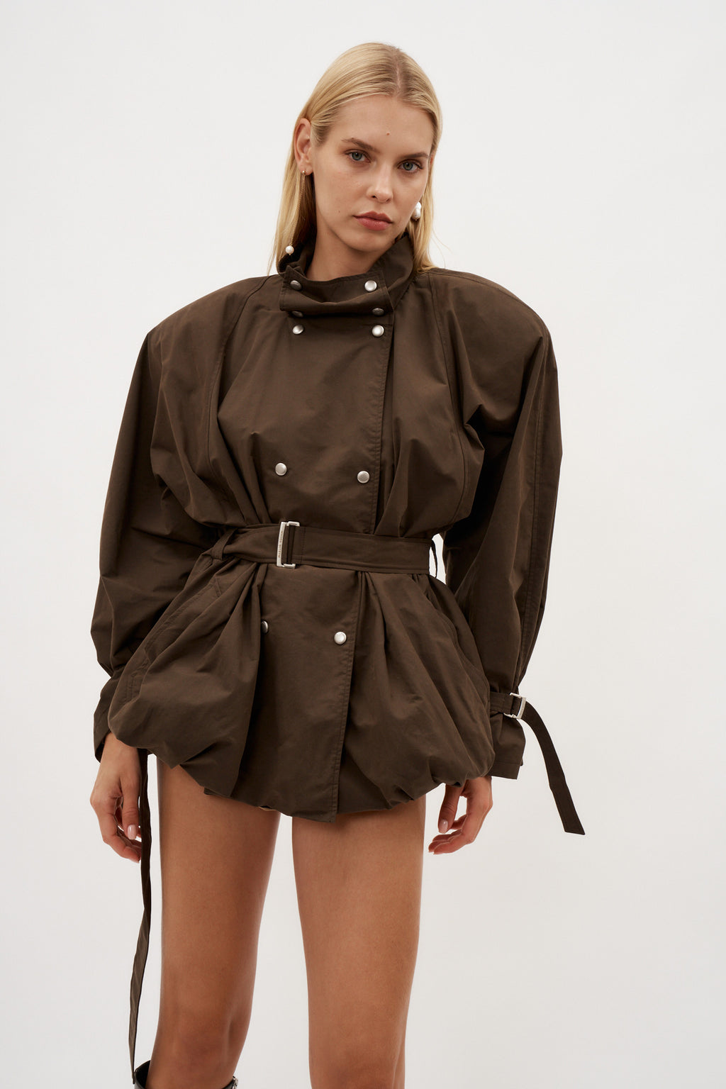 Cotton High Collar Brown Trench Jacket