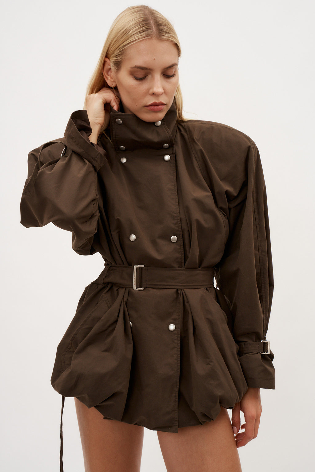 Cotton High Collar Brown Trench Jacket