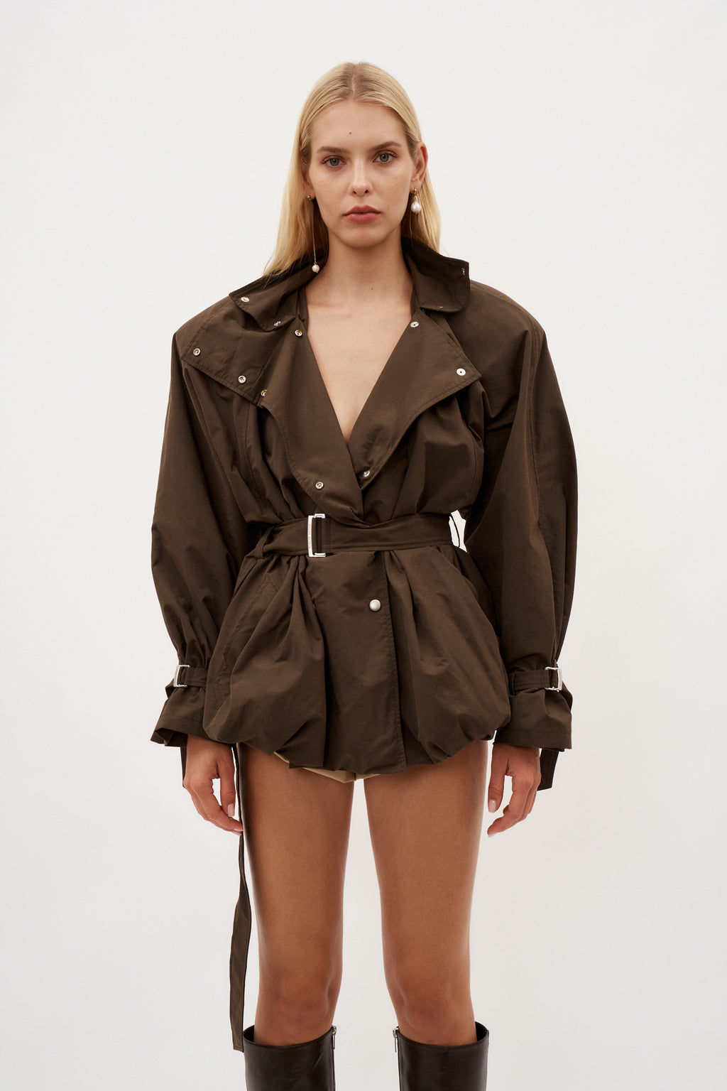 Cotton High Collar Brown Trench Jacket