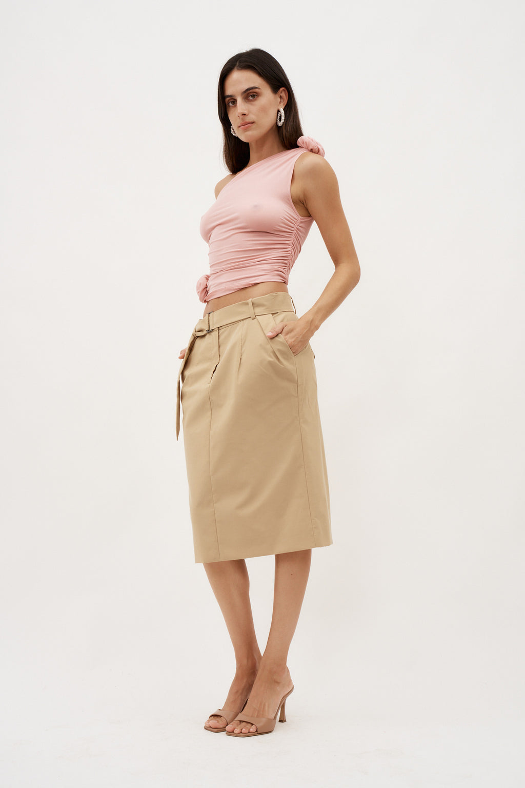 Belted Beige Midi Skirt