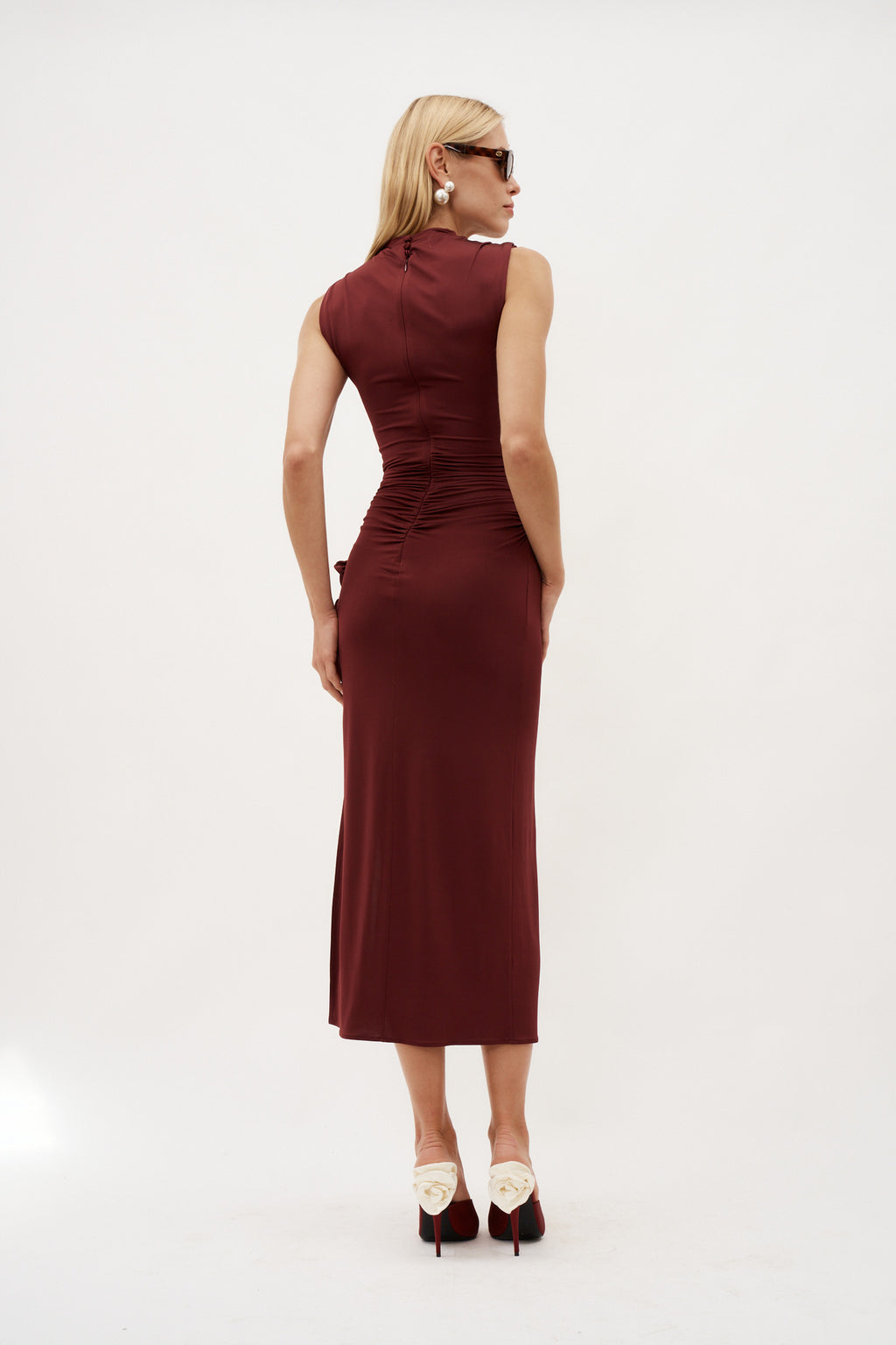 Ruched Mock Neck Midi Bordeaux Dress