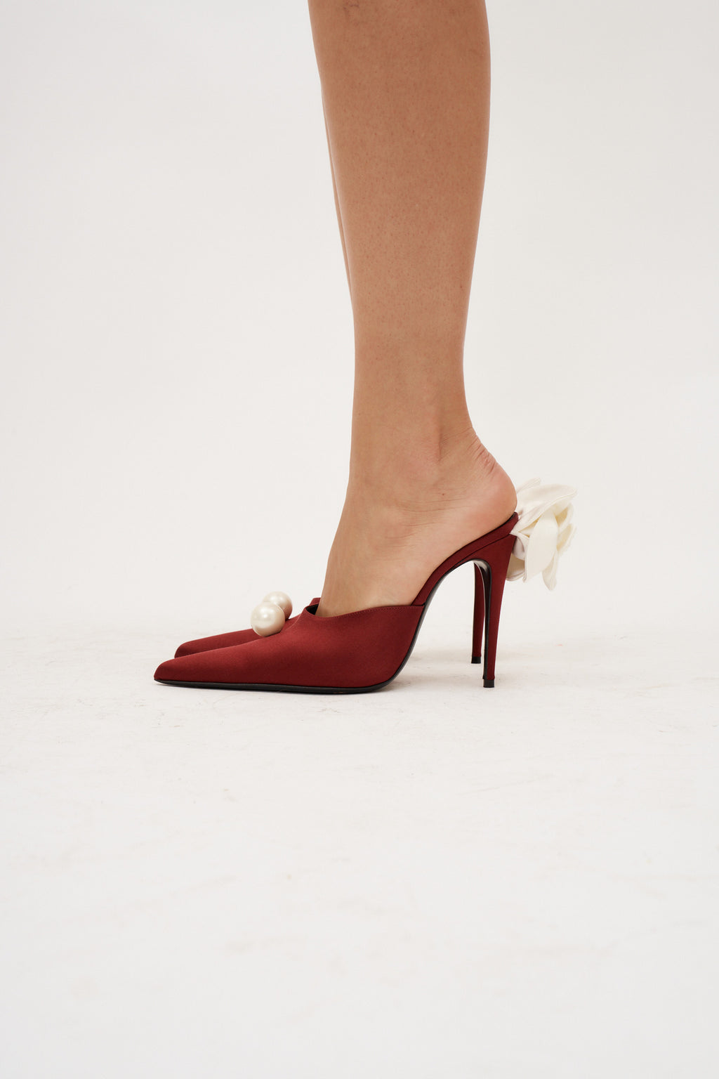 Pointed Flower Burgundy Satin Mules