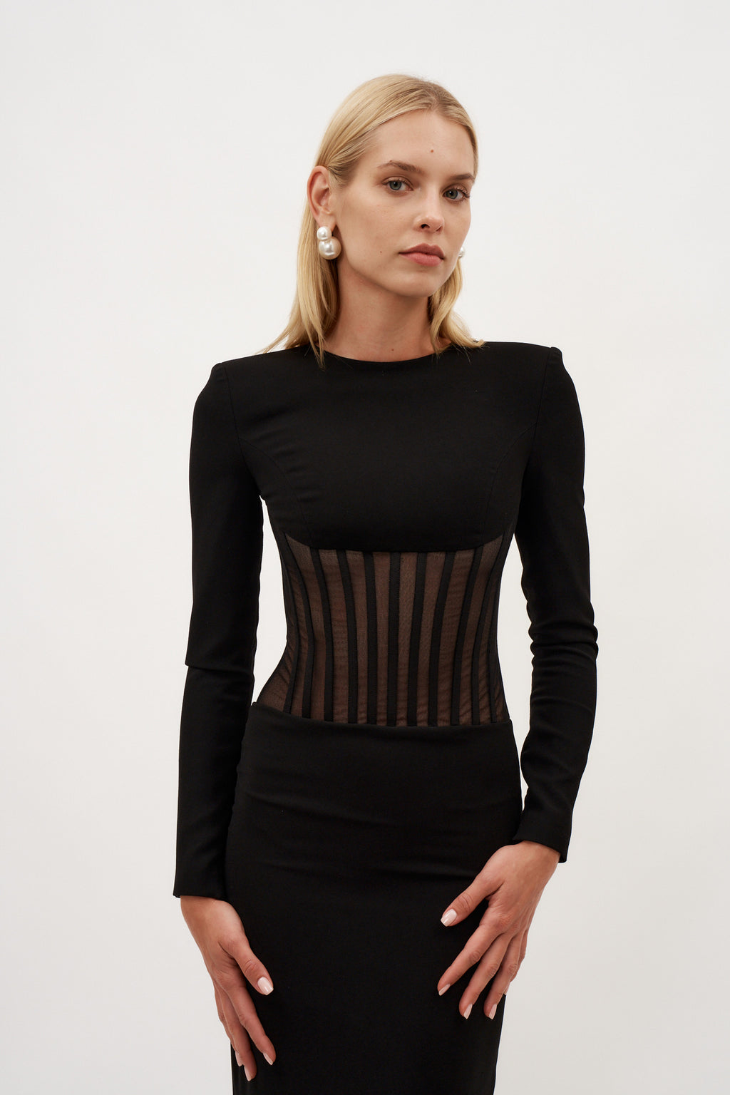 Long Sleeve Black Dress With Exposed Corset