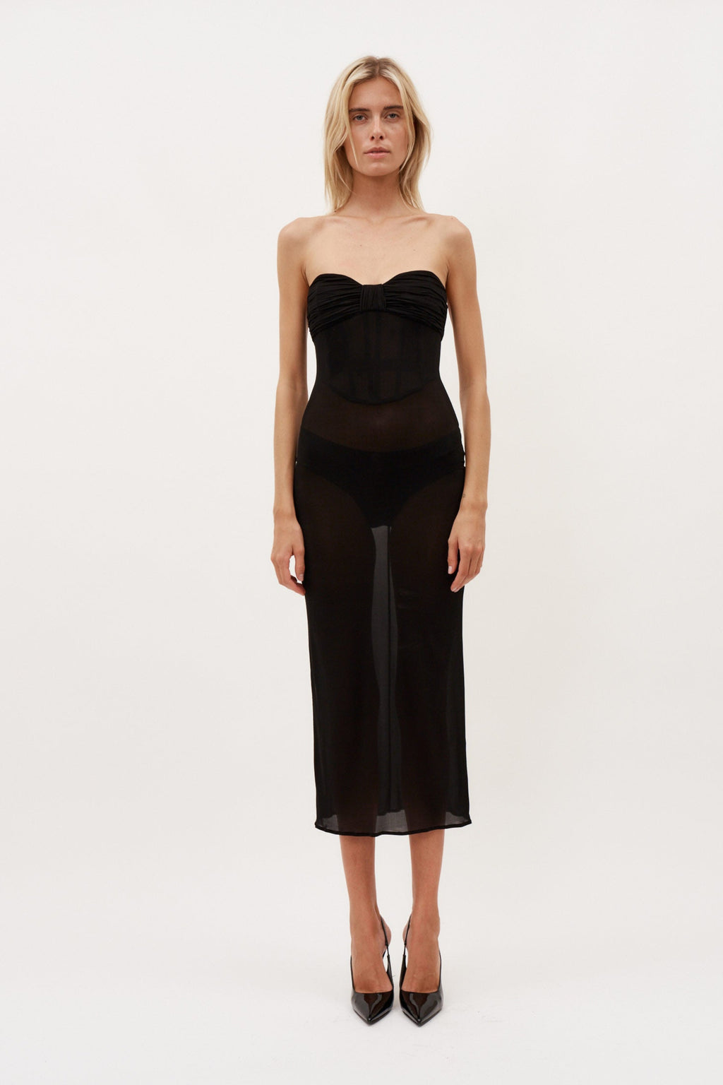 Sheer Strapless Bustier Black Midi Dress