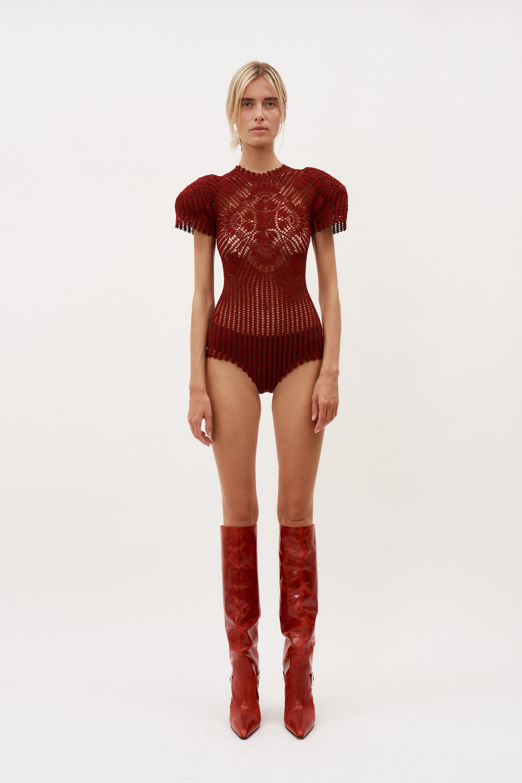 Short Sleeve Crochet Bordeaux Bodysuit