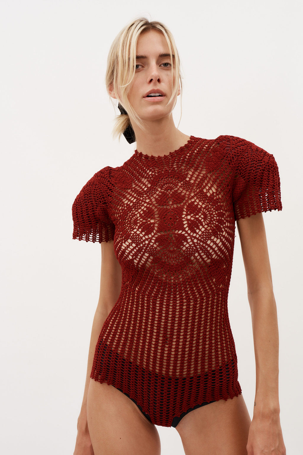 Short Sleeve Crochet Bordeaux Bodysuit