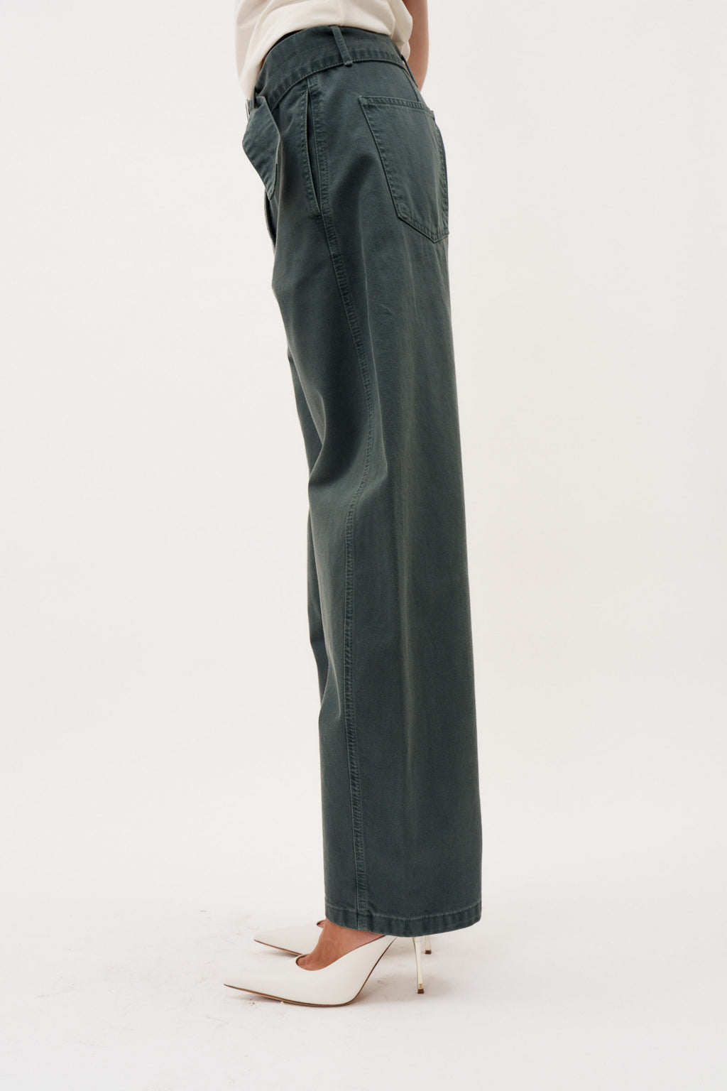 Belted Loose Fit Green Denim Pants