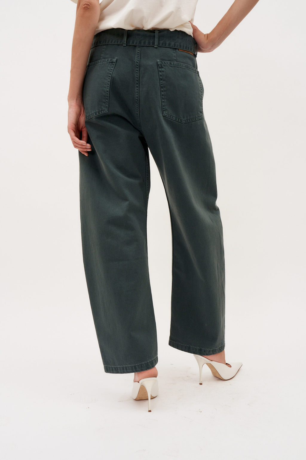 Belted Loose Fit Green Denim Pants