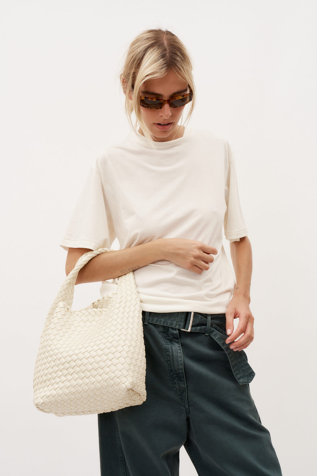 19.59 Ivory Recycled Alt-Leather Woven Small Tote