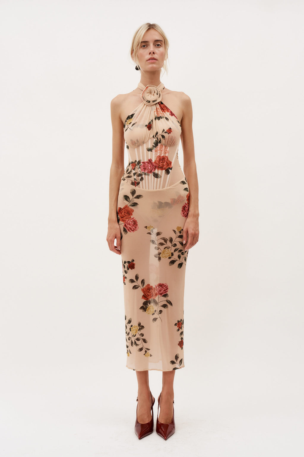 Sheer Halter Bustier Beige Print Midi Dress