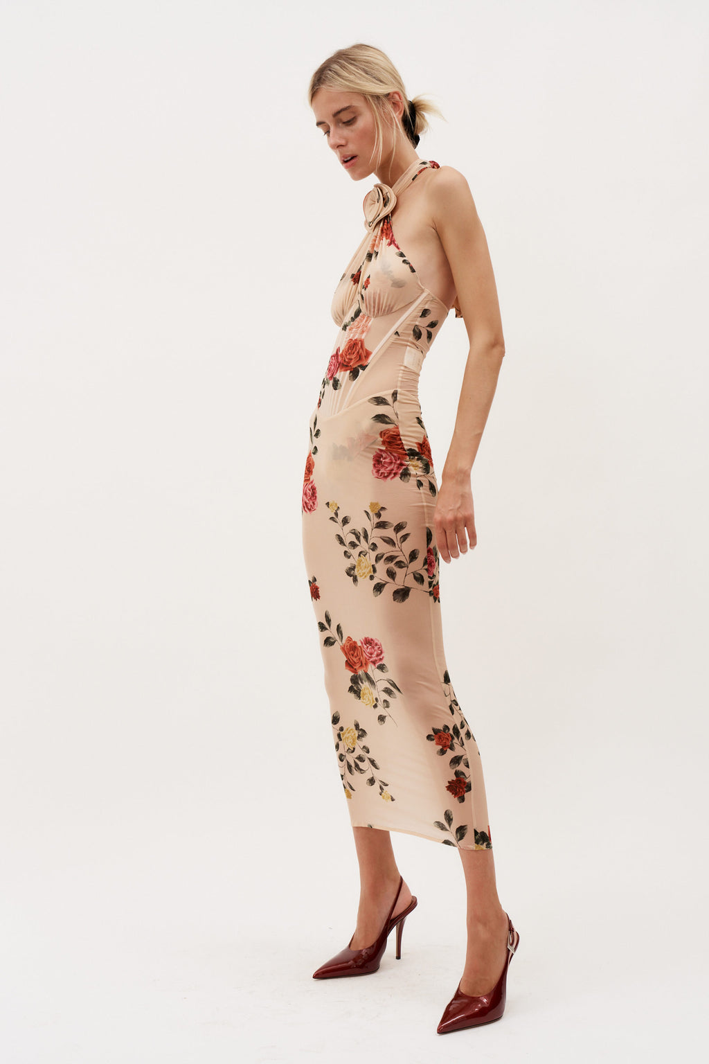 Sheer Halter Bustier Beige Print Midi Dress