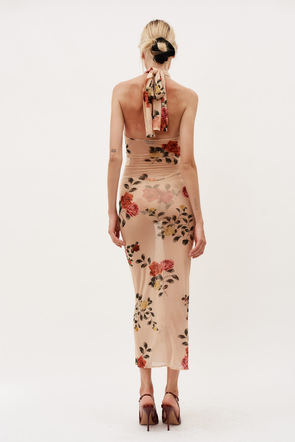 Sheer Halter Bustier Beige Print Midi Dress