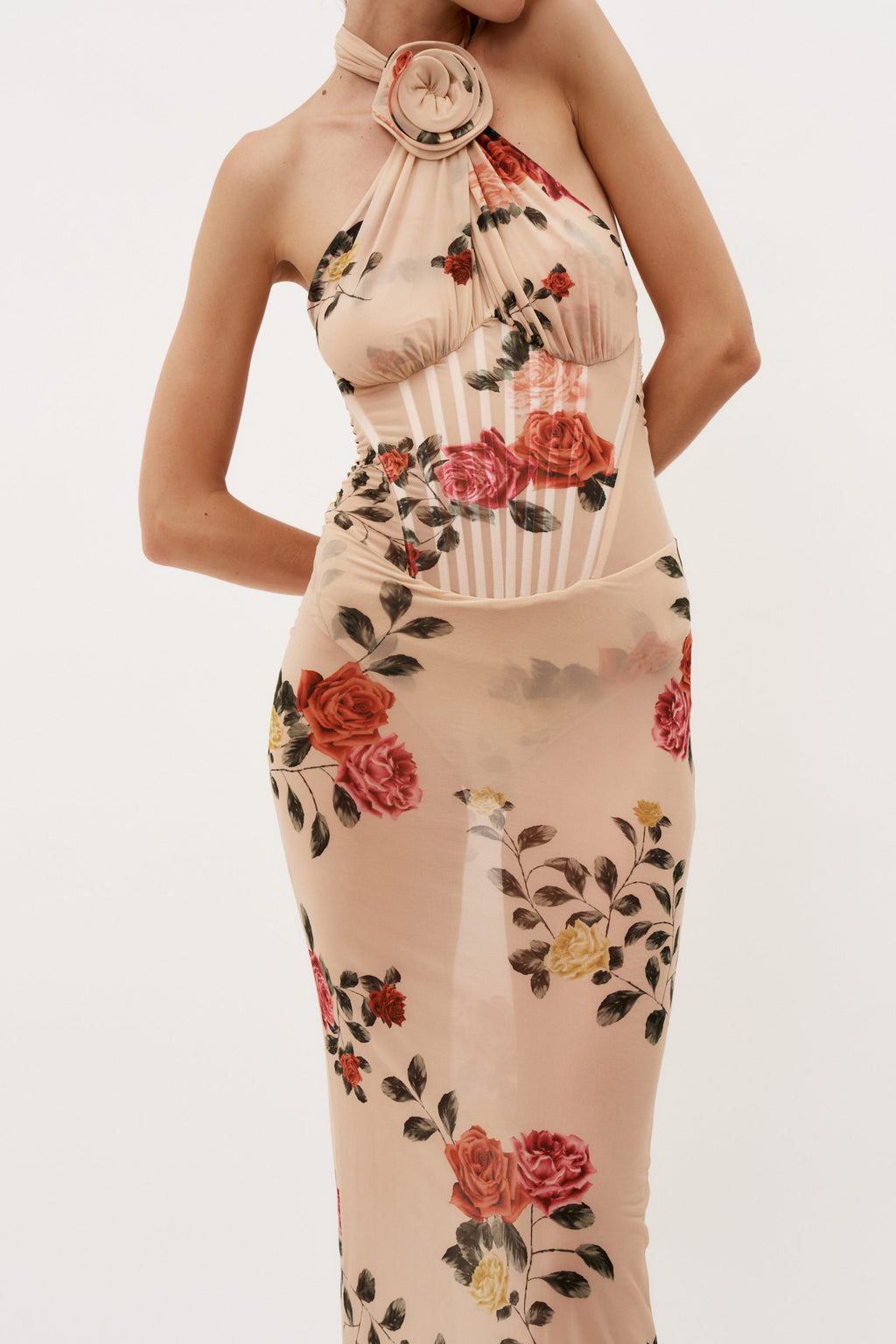 Sheer Halter Bustier Beige Print Midi Dress