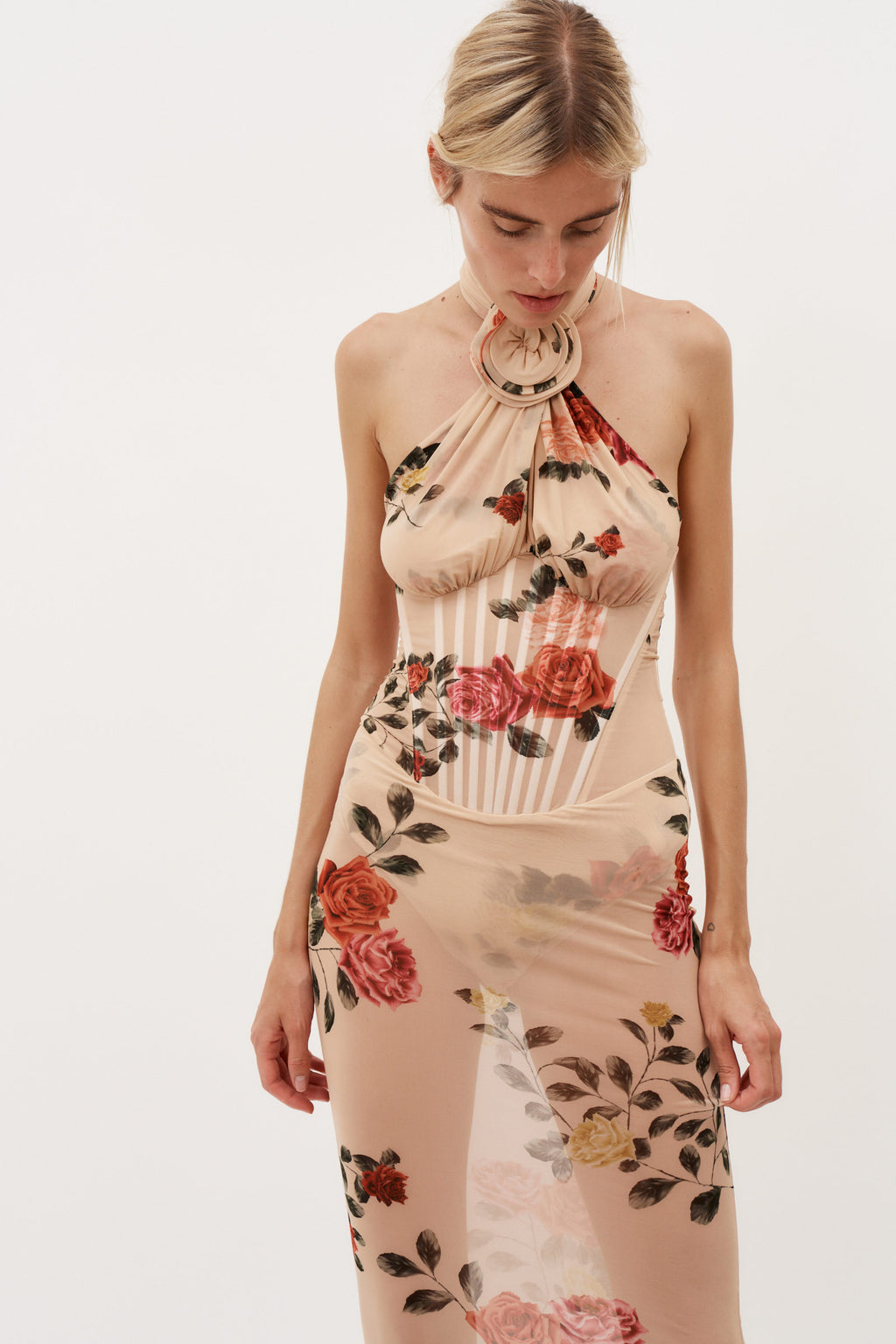 Sheer Halter Bustier Beige Print Midi Dress