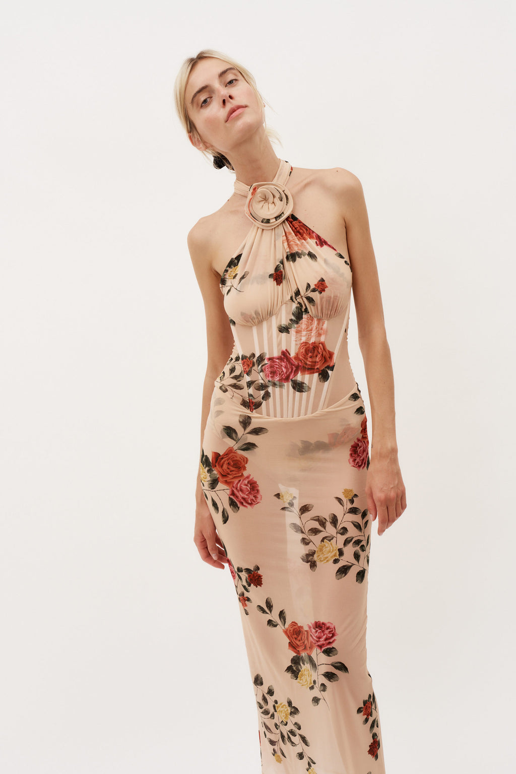 Sheer Halter Bustier Beige Print Midi Dress