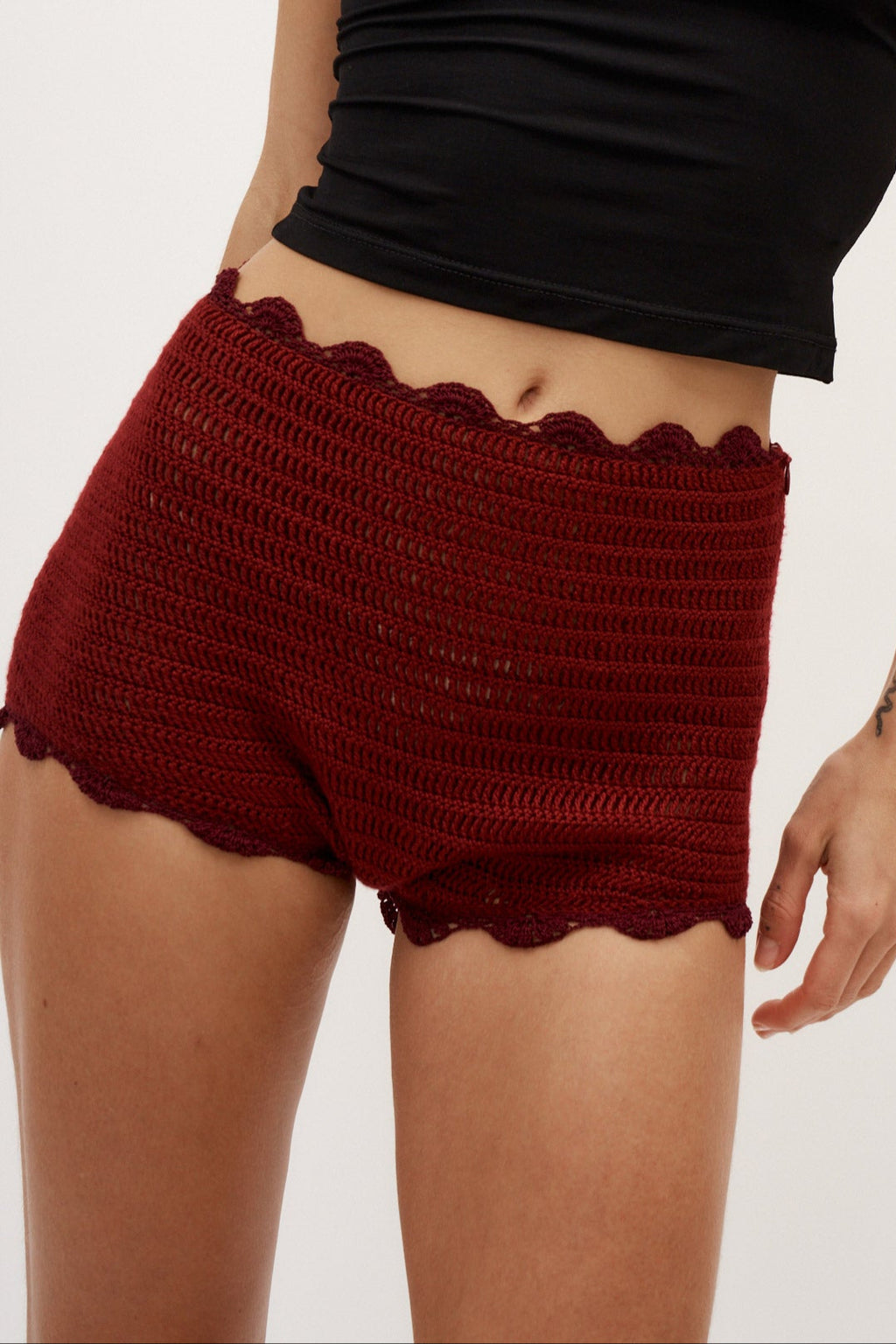 Lace Trim Crochet Bordeaux Shorts