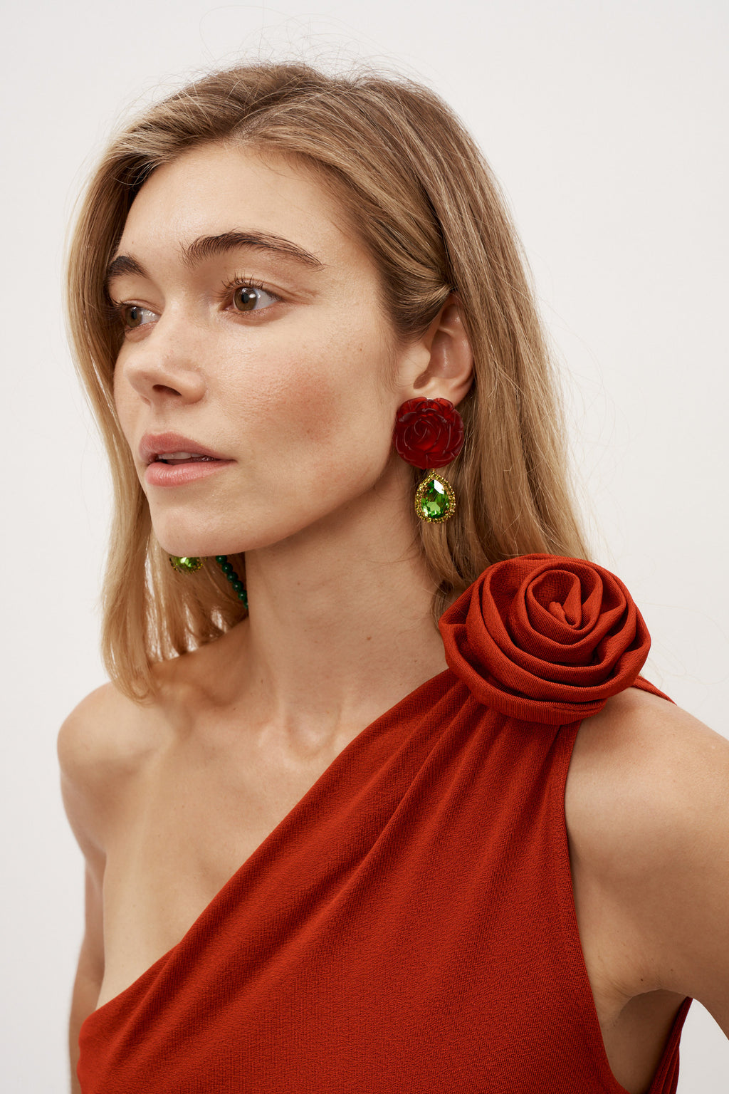 Red Rose and Green Gem Earrings