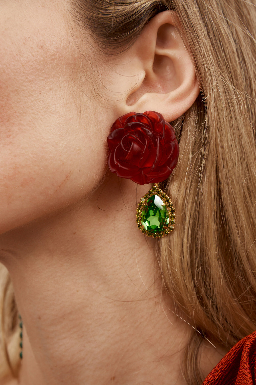 Red Rose and Green Gem Earrings