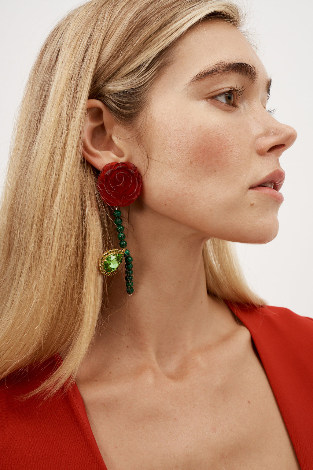 Red Rose and Green Gem Earrings