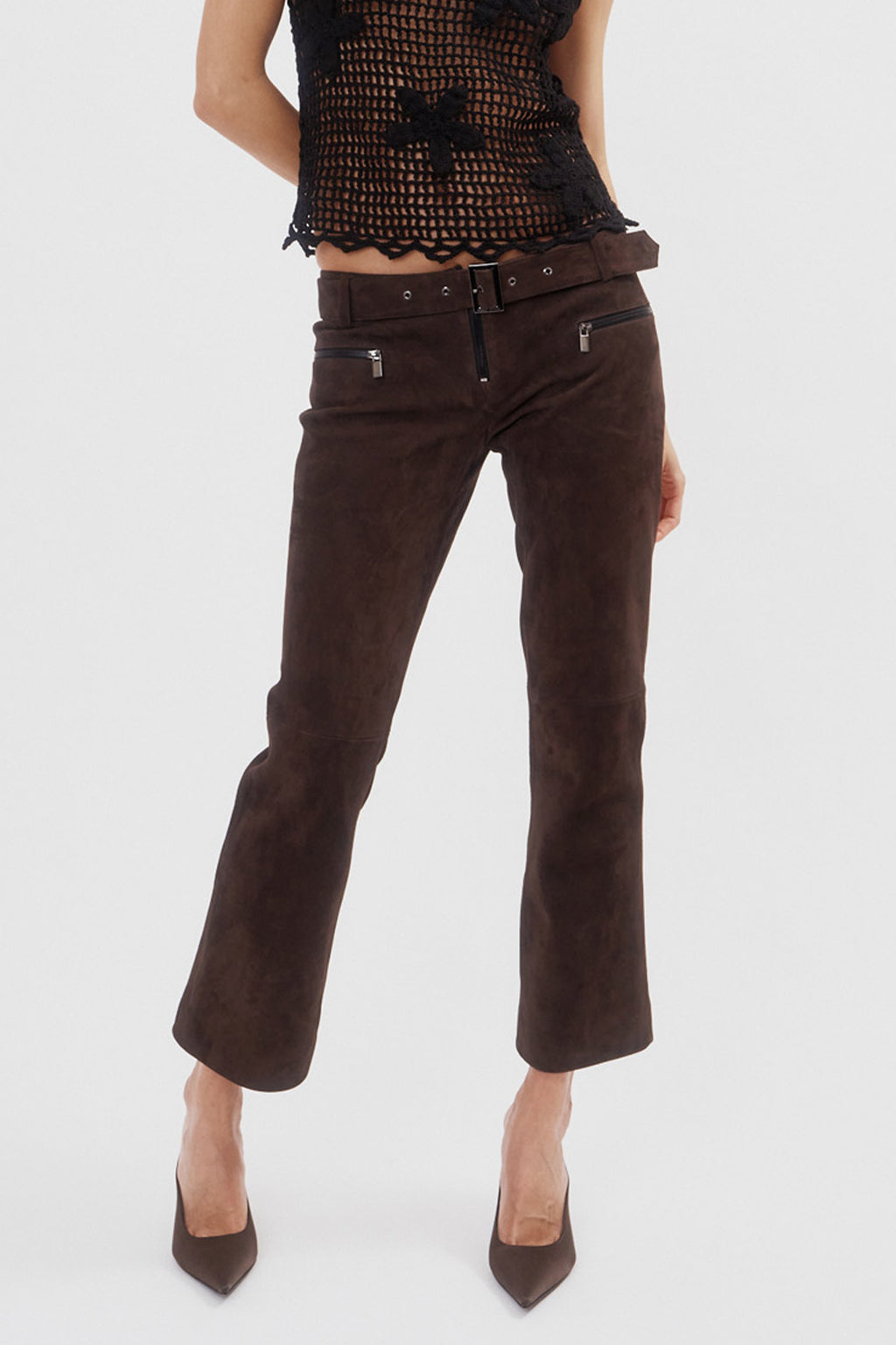 Low-Rise Leather Brown Suede Pants