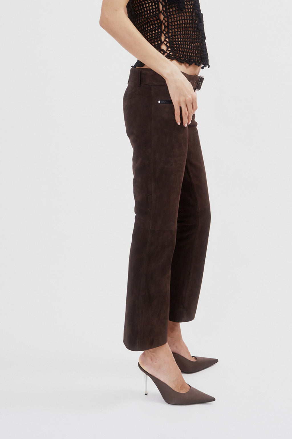 Low-Rise Leather Brown Suede Pants