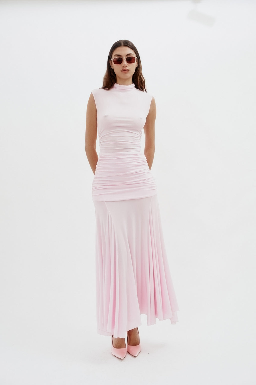 High Neck Cupro Midi Pink Dress