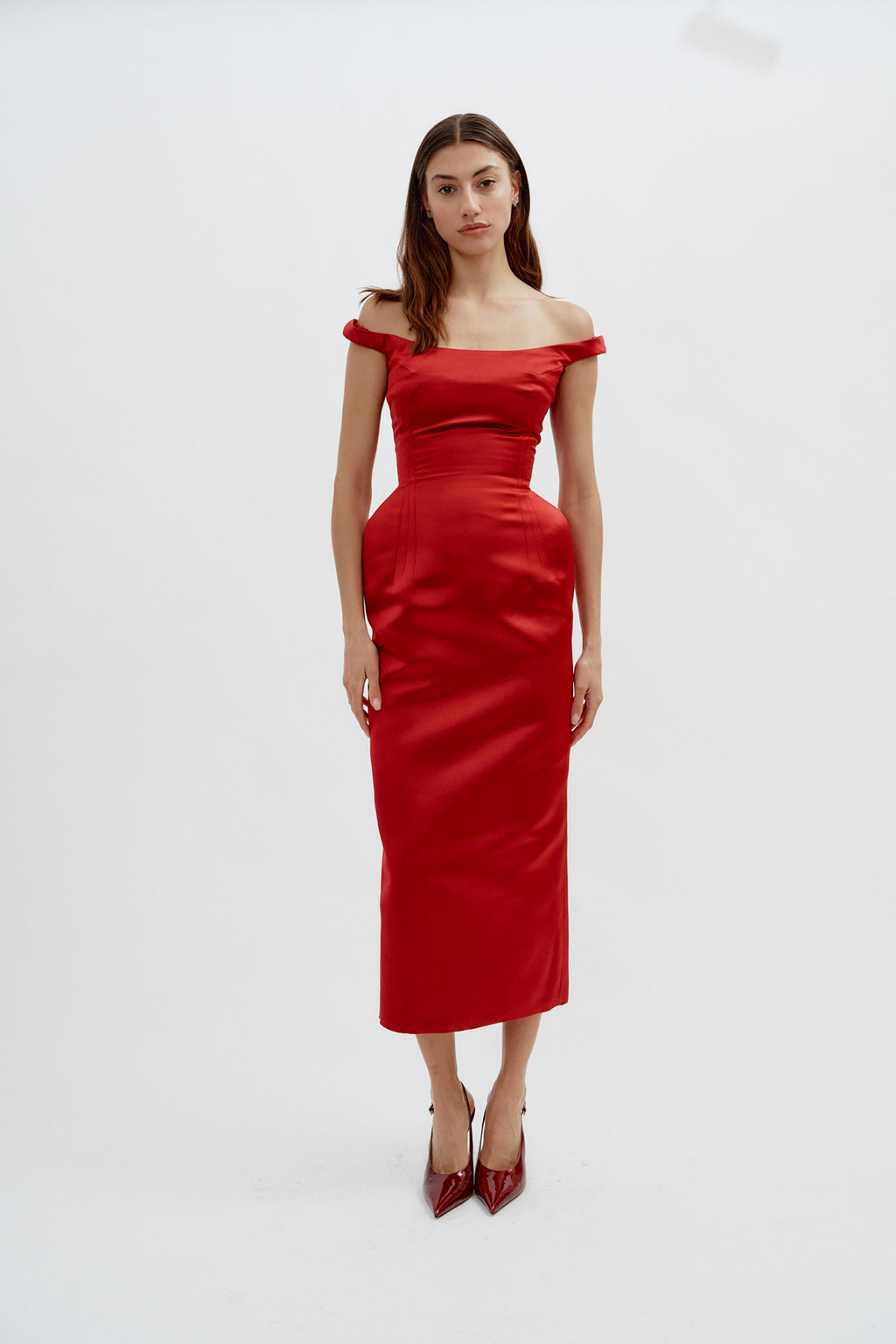Off Shoulder Hip Pad Midi Bordeaux Dress