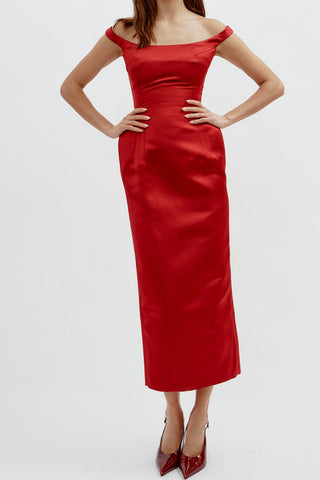 Off Shoulder Hip Pad Midi Bordeaux Dress