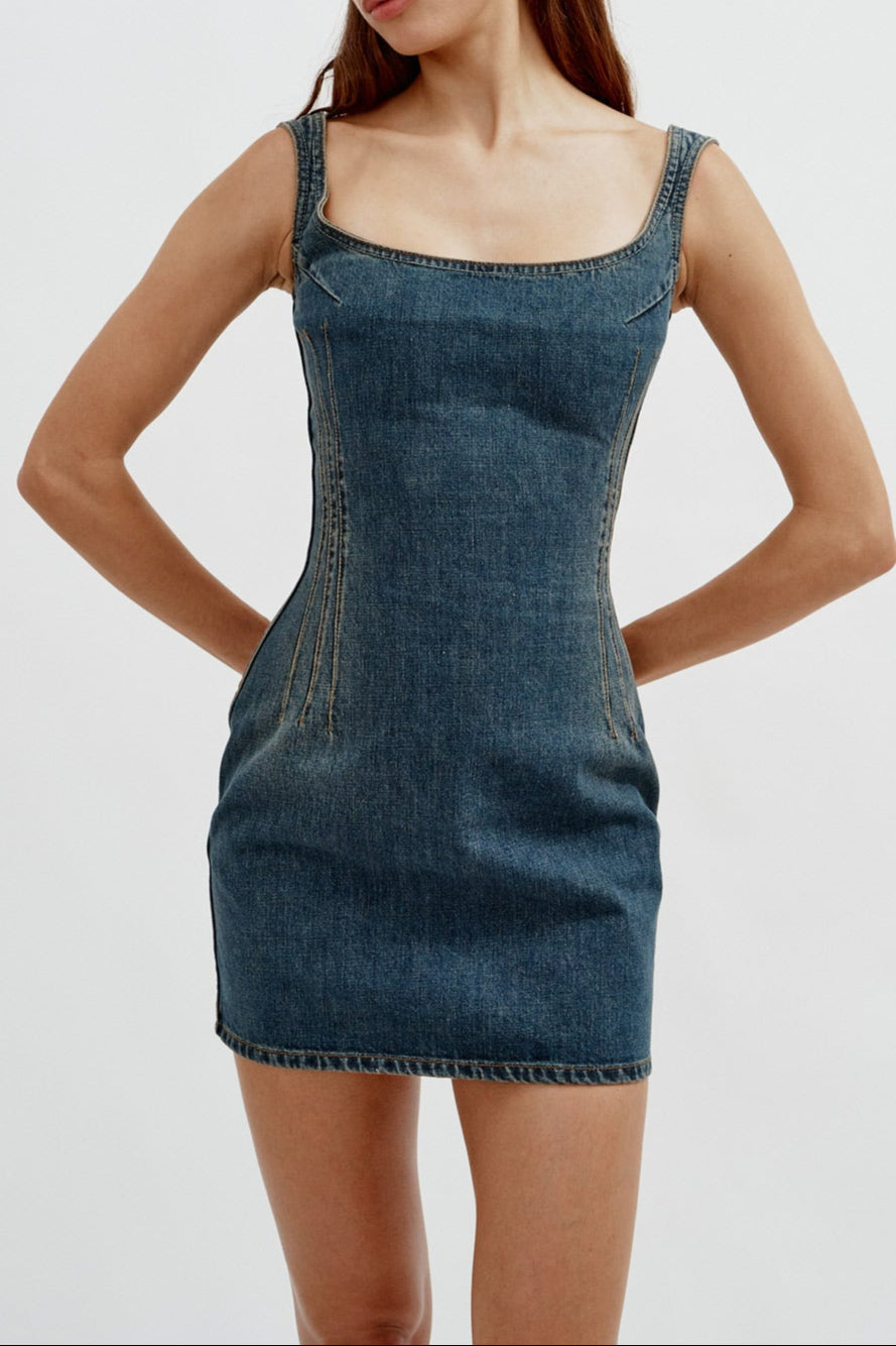 Round Neck Denim Mini Vintage Blue Dress