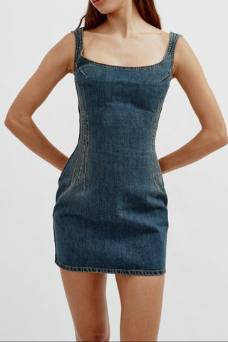 Round Neck Denim Mini Vintage Blue Dress