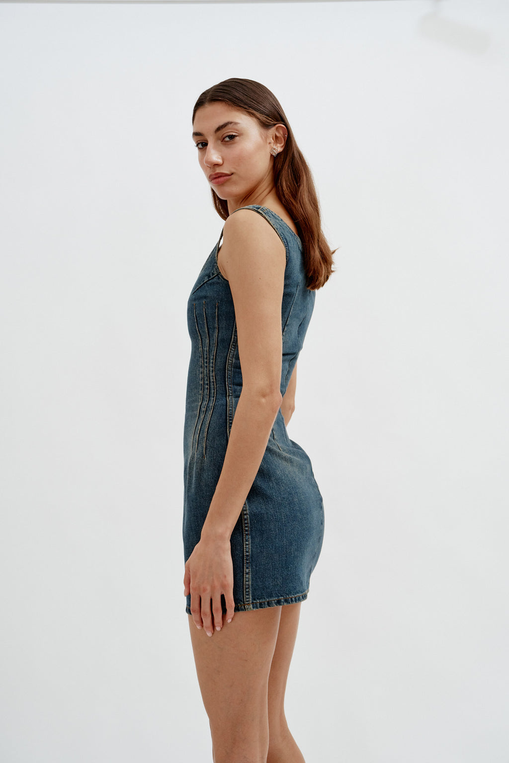 Round Neck Denim Mini Vintage Blue Dress