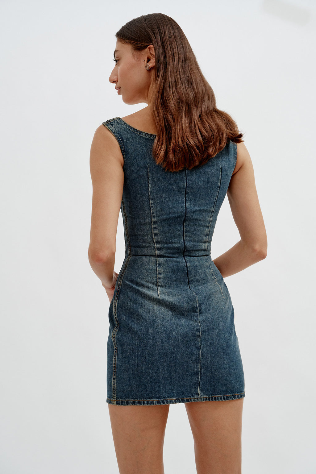 Round Neck Denim Mini Vintage Blue Dress