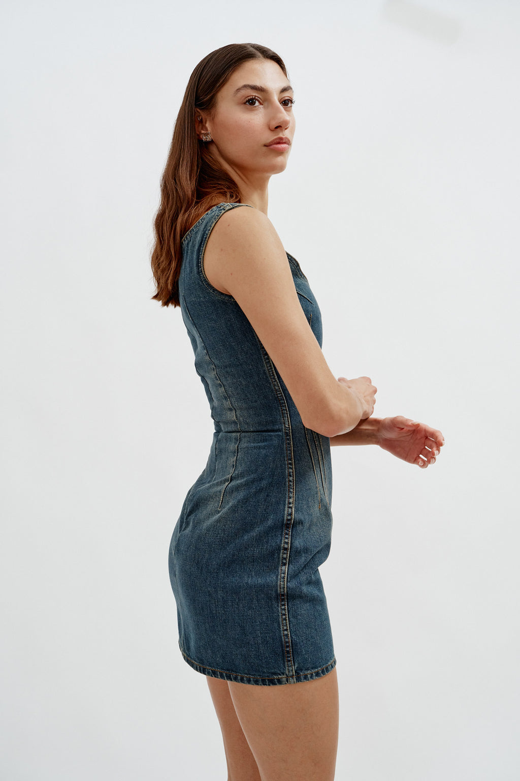 Round Neck Denim Mini Vintage Blue Dress