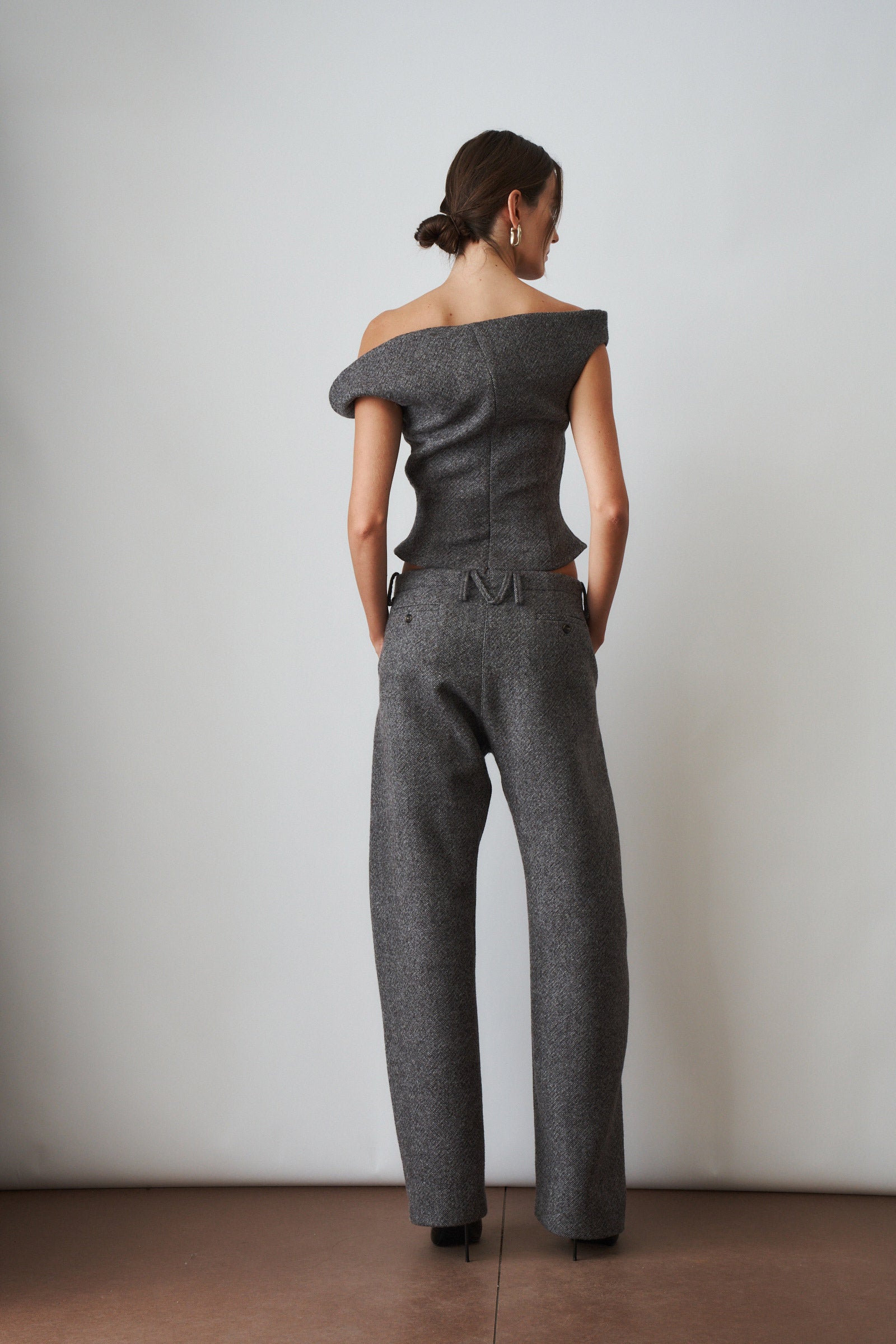 Wide Leg Herringbone Trousers Grey