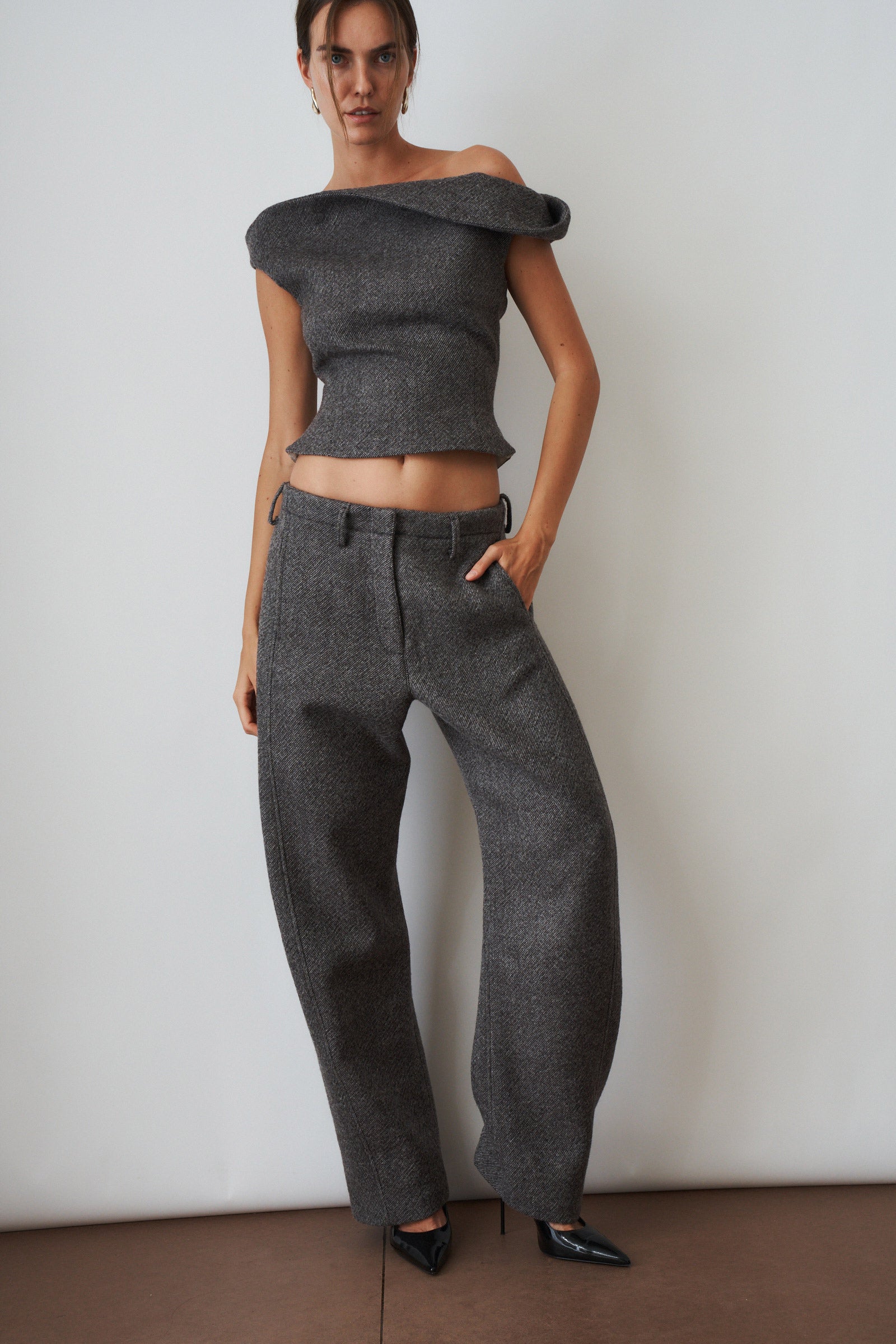 Wide Leg Herringbone Trousers Grey