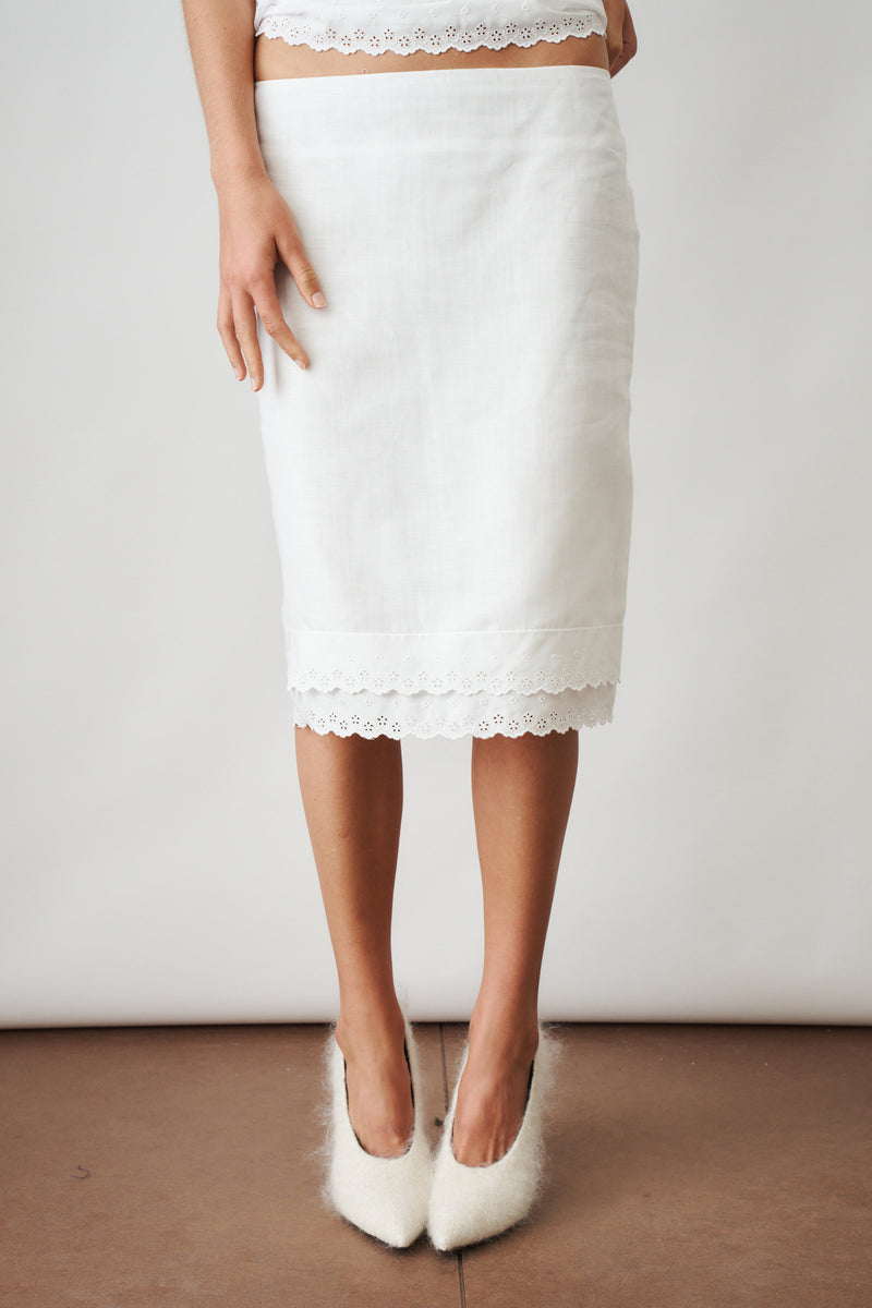 Layered Pencil Skirt With Lace Trim White