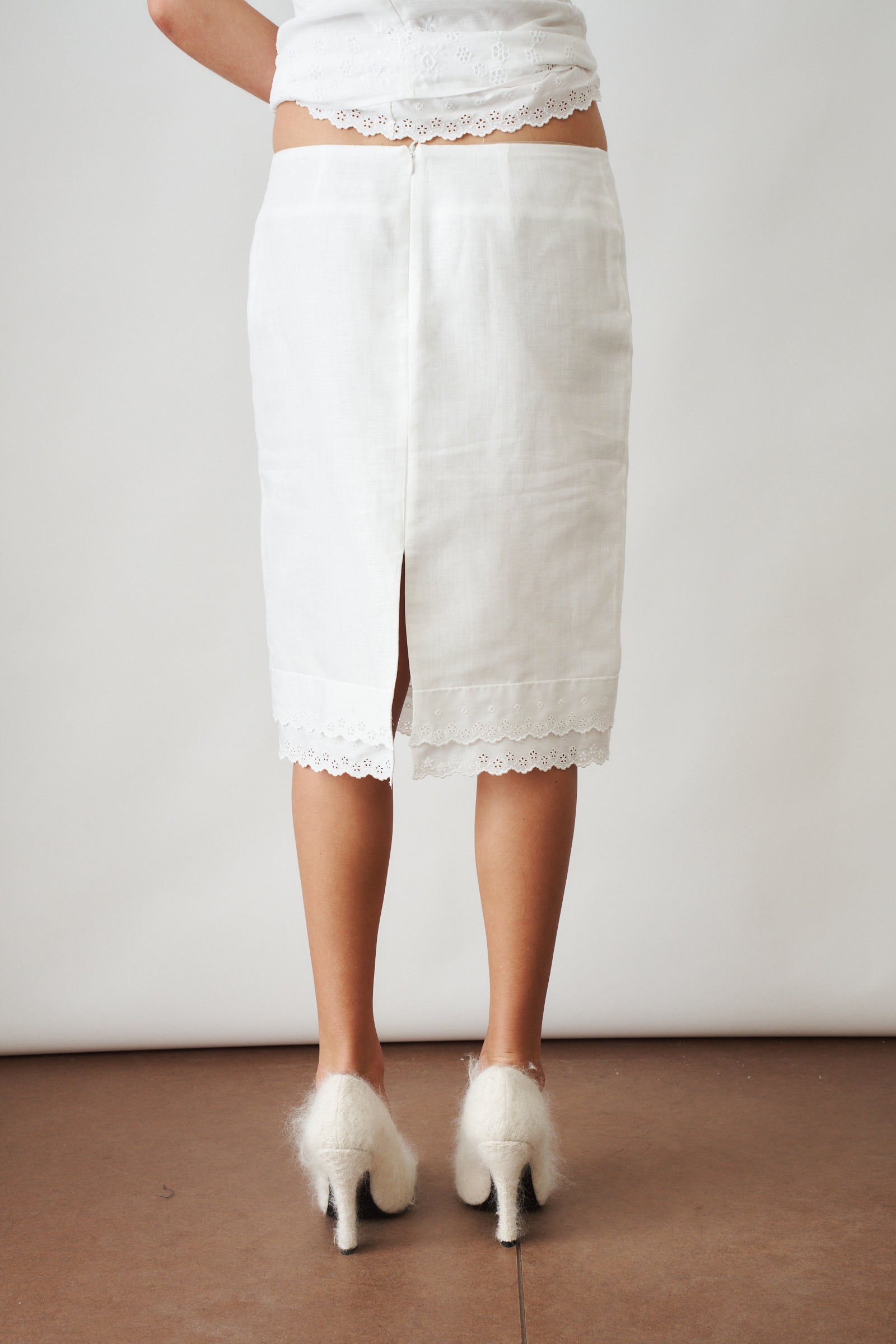 Layered Pencil Skirt With Lace Trim White