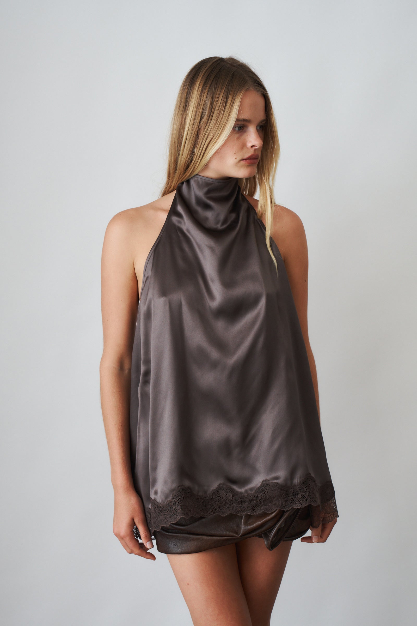 Silk Open Back Lace Trim Blouse Brown