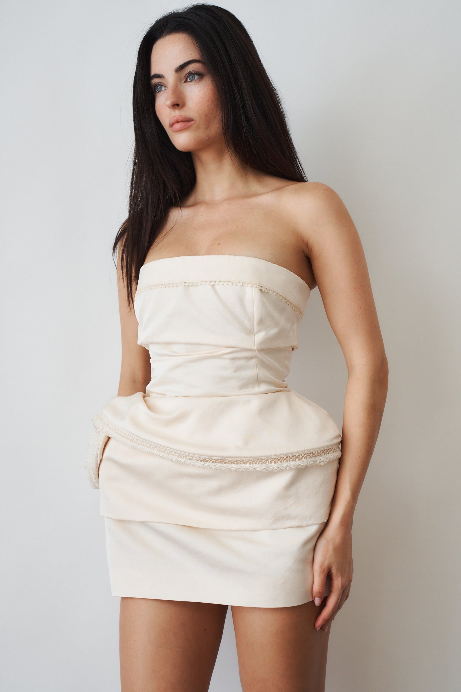 Strapless Mini Dress with Lace Trimmed Peplum Cream