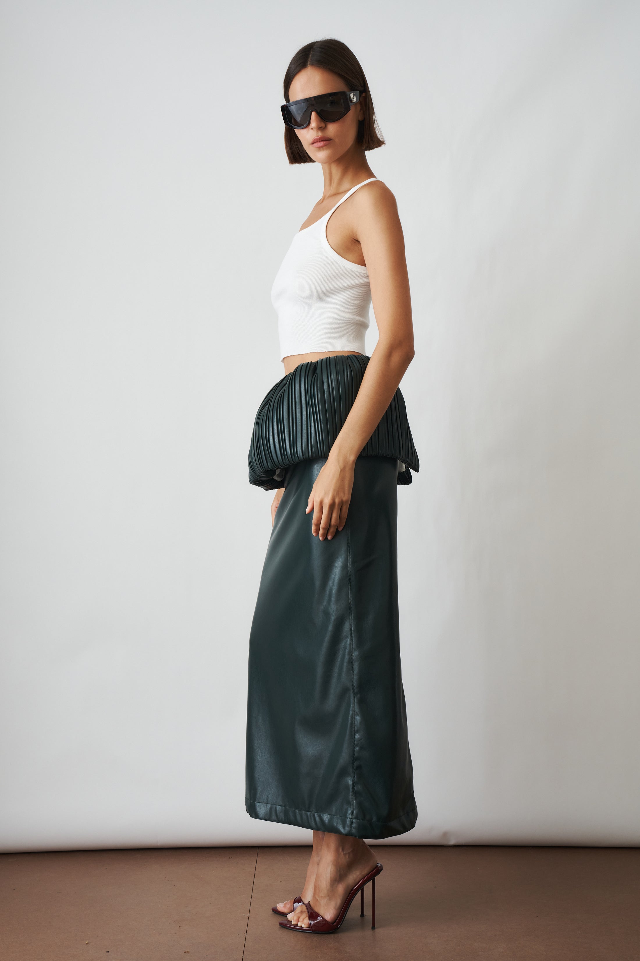 Pleated Balloon Skirt In Eco Leather Green