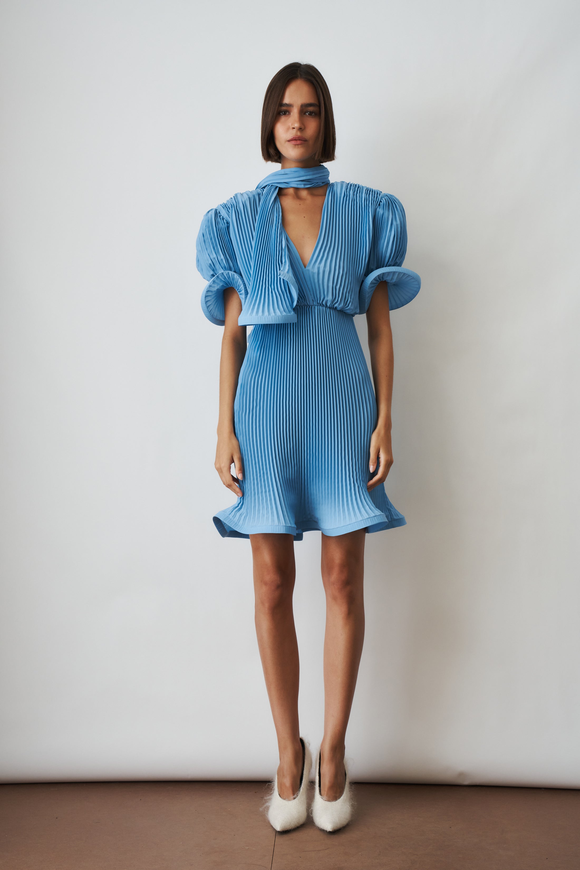 Pleated Puffy Mini Dress with Scarf In Georgette Blue