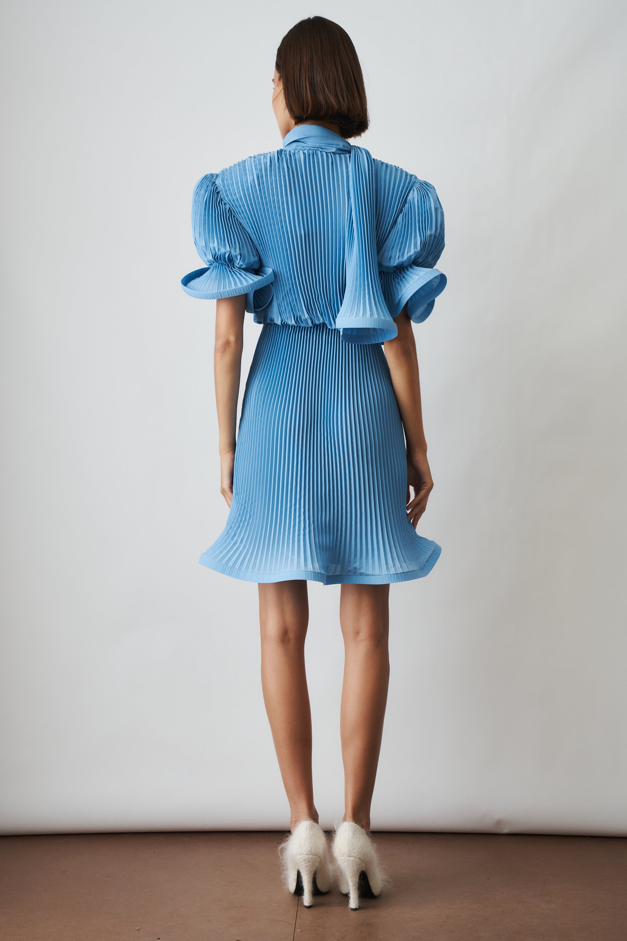 Pleated Puffy Mini Dress with Scarf In Georgette Blue