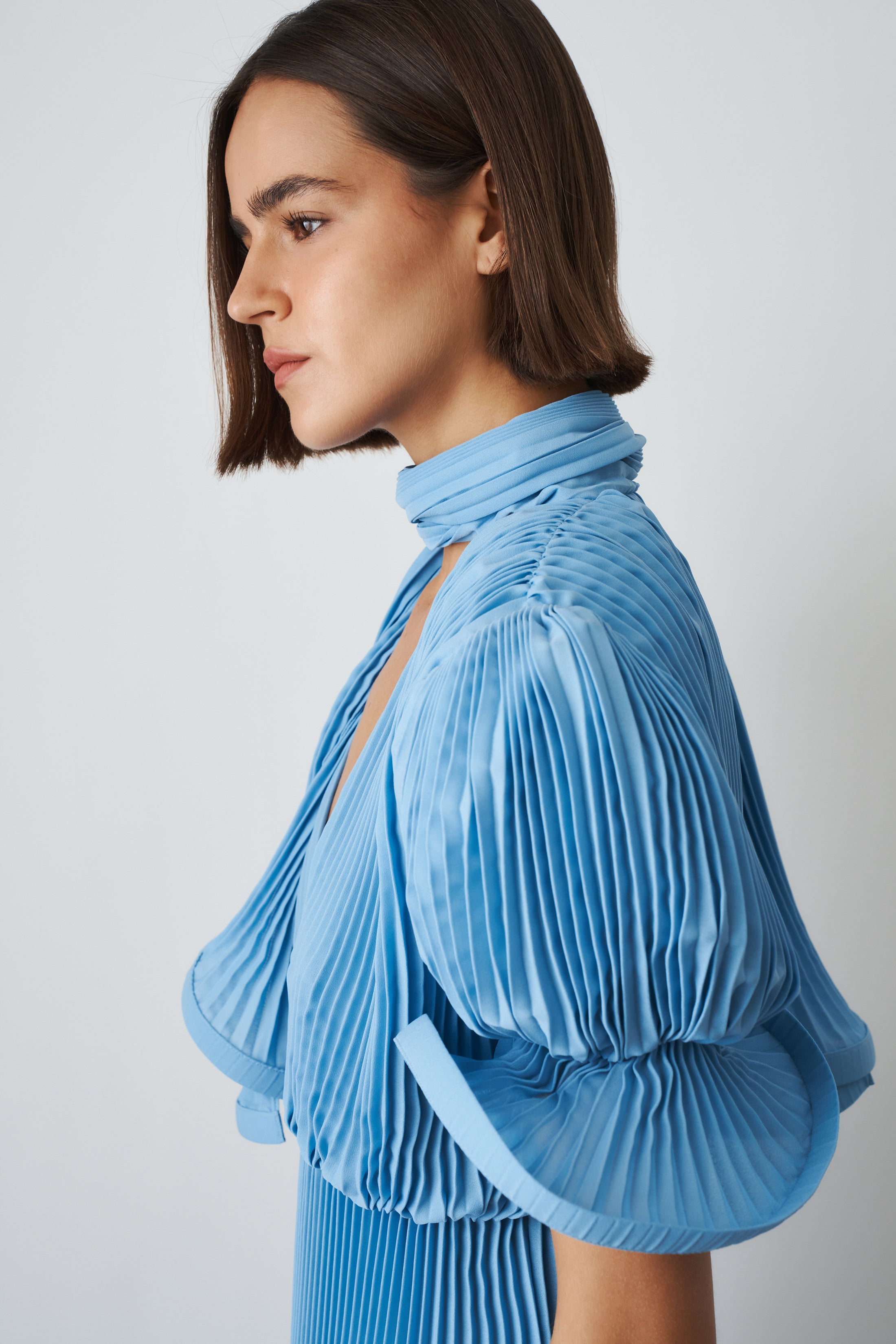 Pleated Puffy Mini Dress with Scarf In Georgette Blue