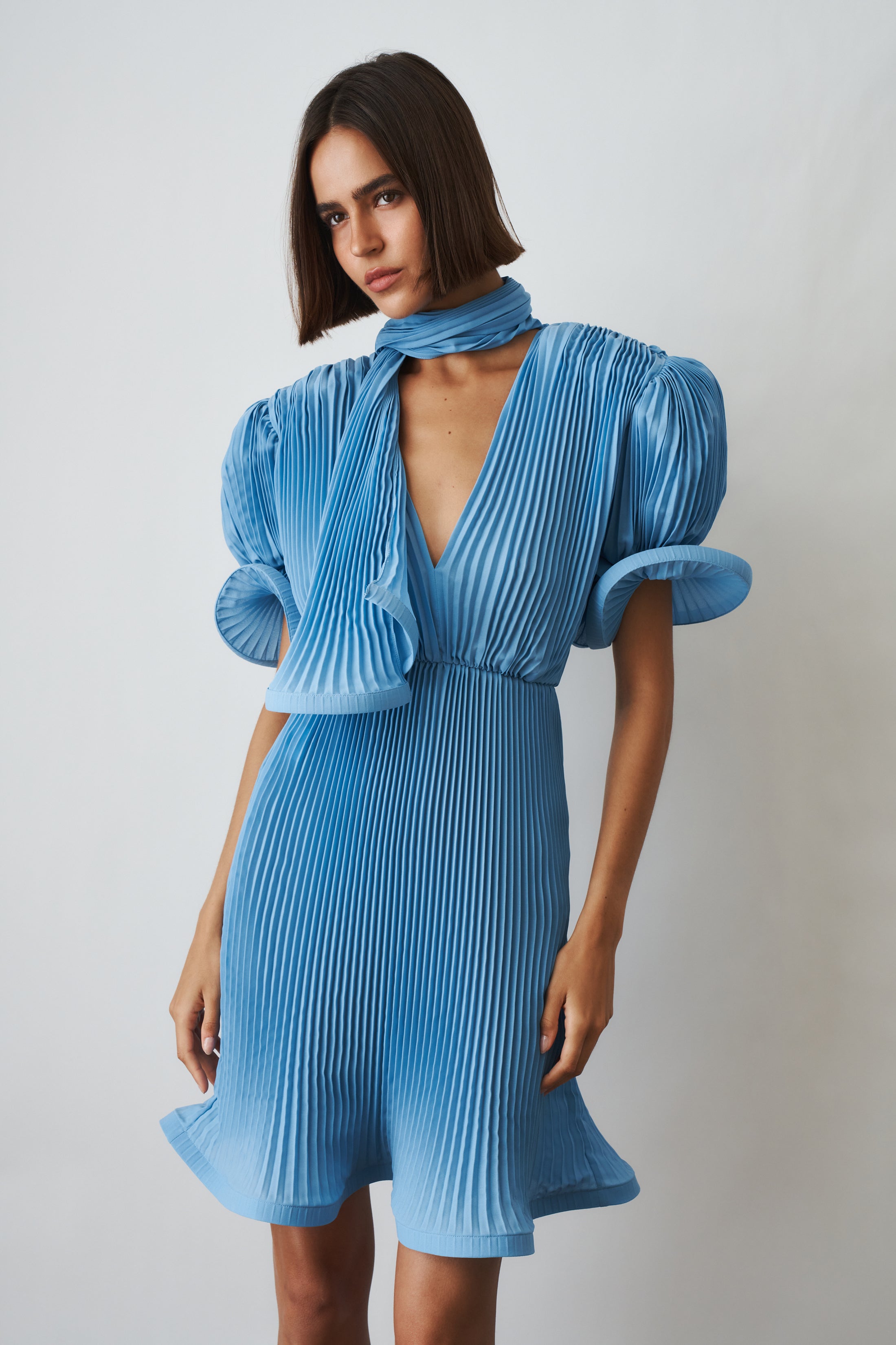 Pleated Puffy Mini Dress with Scarf In Georgette Blue